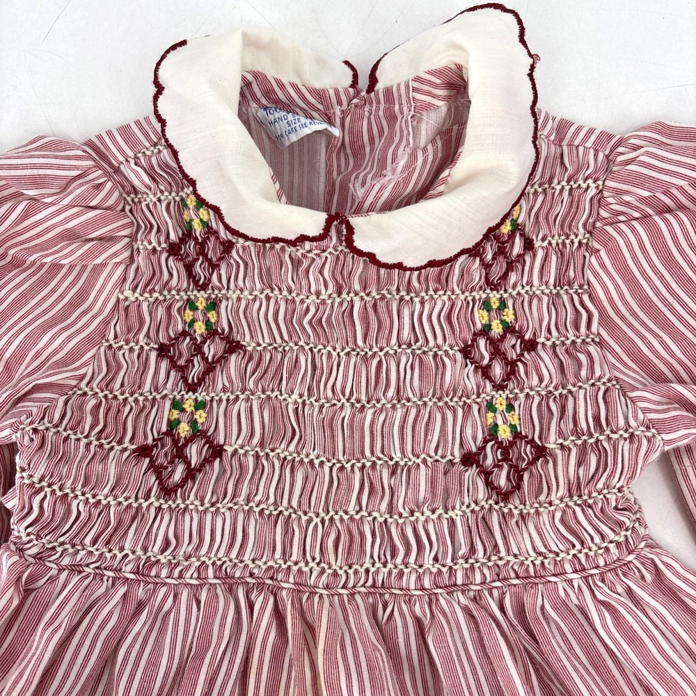 Vintage Polly Flinders Dress Smocked Child Baby 2T Red Lace Embroidered - Picture 2 of 12